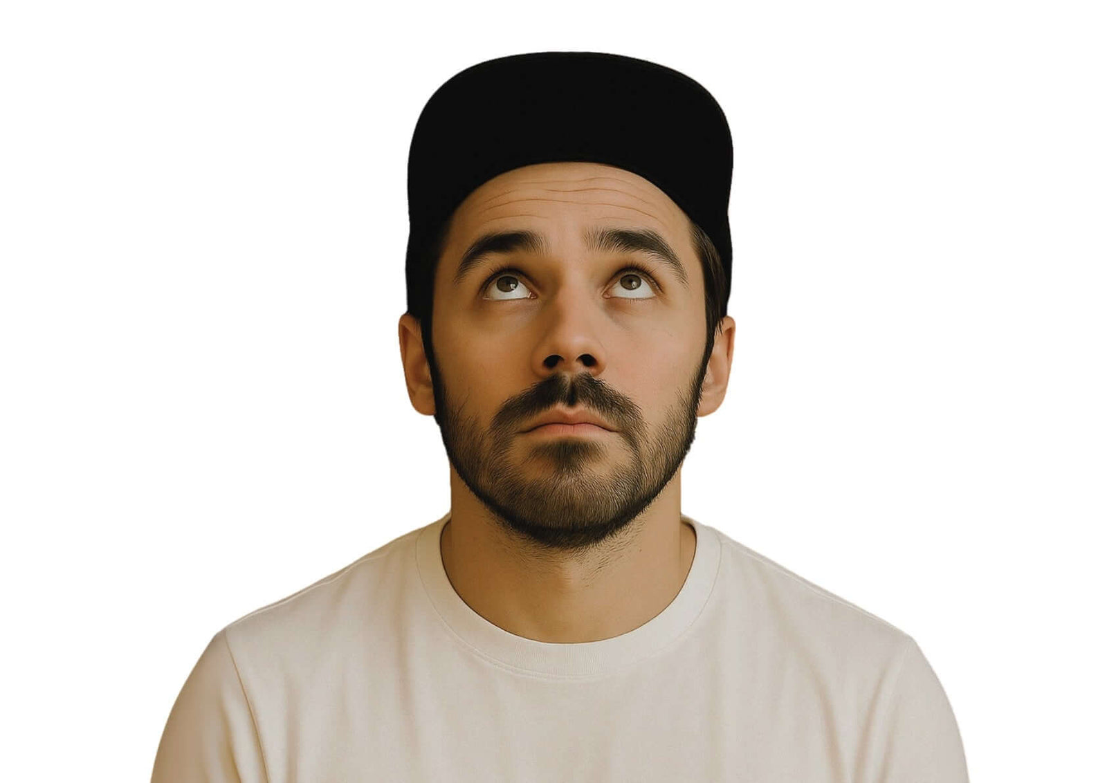 Man wearing a black cap looking up thoughtfully, dressed in a beige t-shirt, on a plain background.