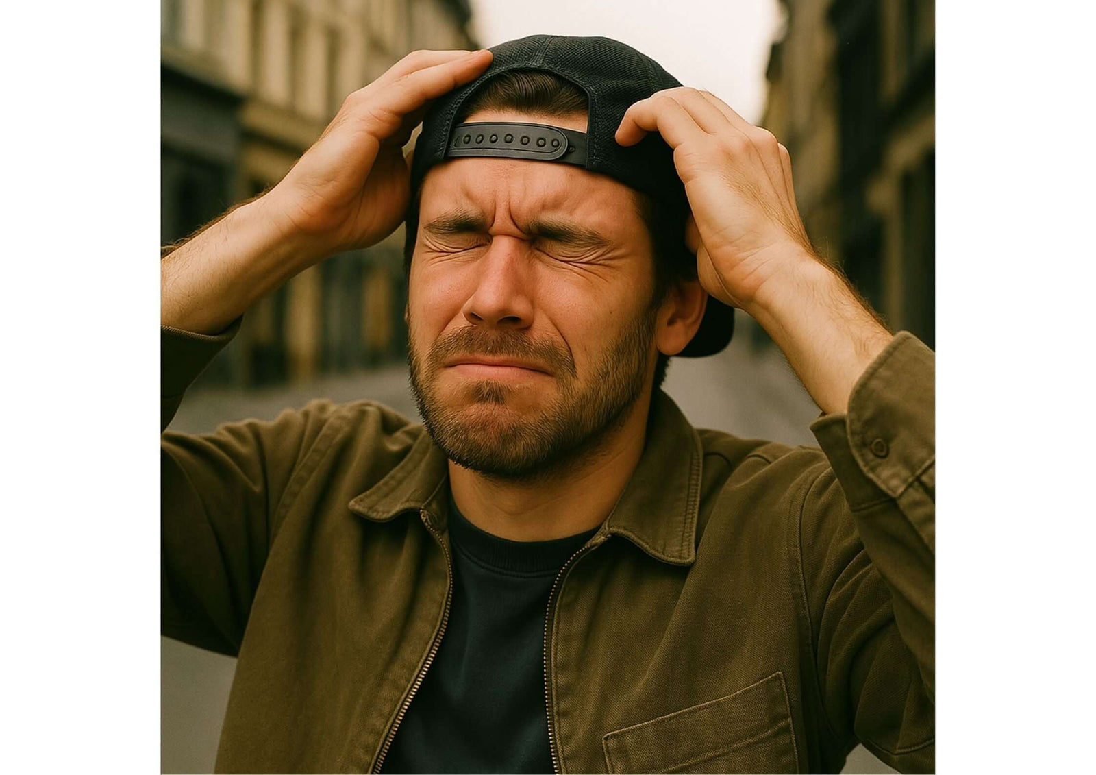Frustrated man in a cap expressing distress outdoors, highlighting challenges for men with larger heads.