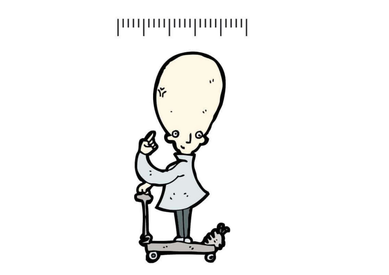 Cartoon character with a large head riding a scooter, showcasing the challenges of having a big head.