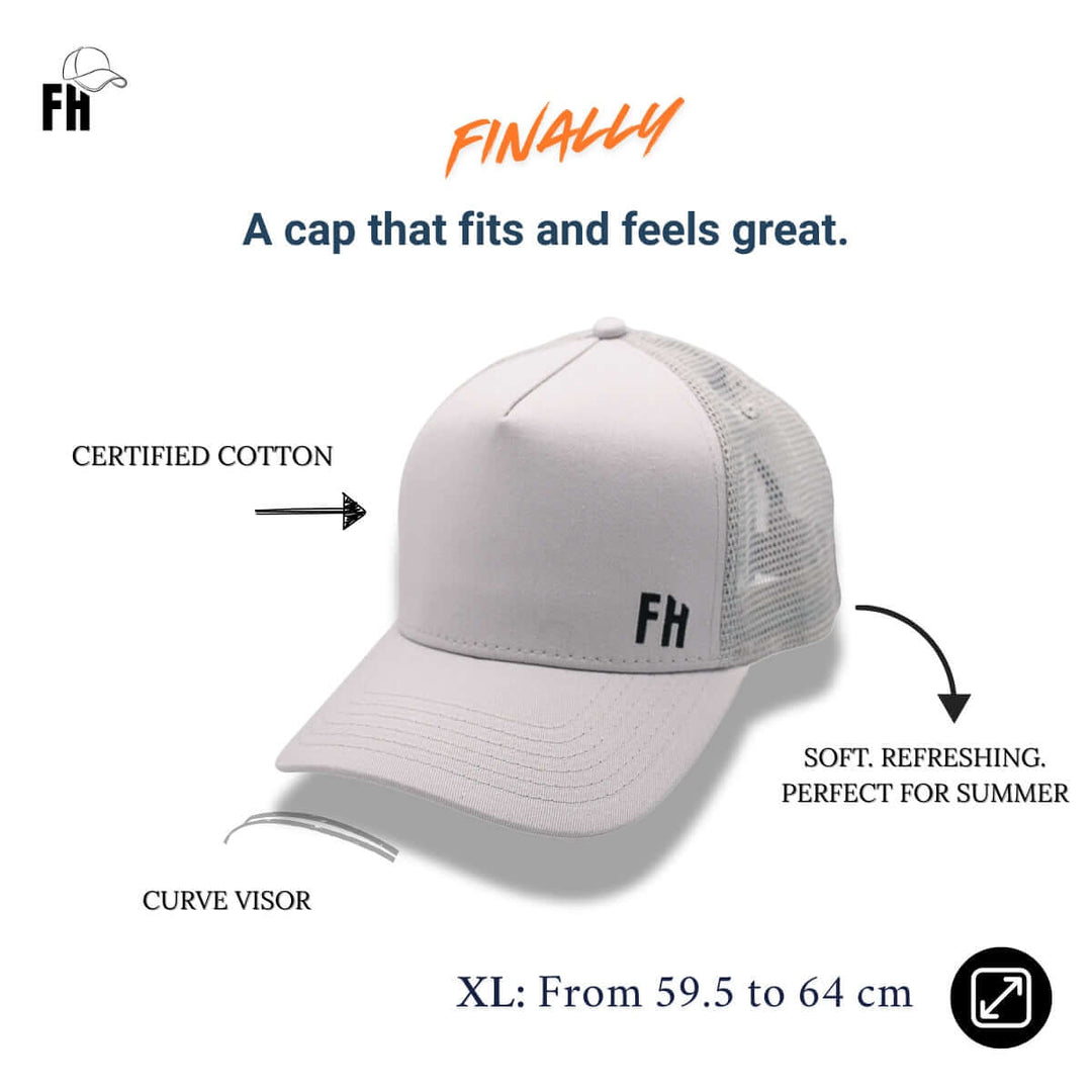 Comparison of the Grey XL Trucker Hat for Big Heads by Free Heads.